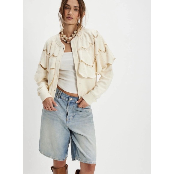 Free People Tops - Free People Fluttercape Sweatshirt Laser Cut Ruffle Button Up Nila Cream XL RARE
